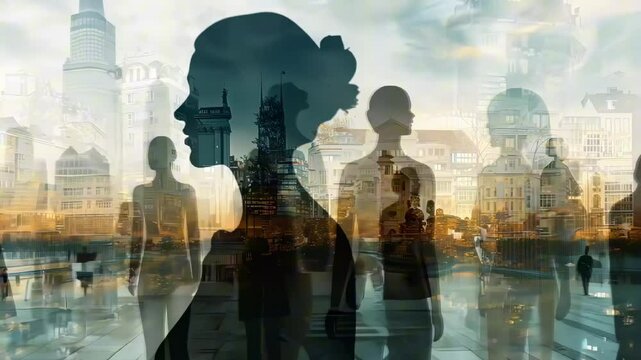 Transparent women silhouettes layered over a big city moving smoothly. Women's History Month, International Women's Day, heritage, and emancipation. Double exposure
