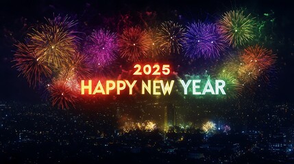 A beautiful dark sky filled with vibrant fireworks, with the fireworks forming the words "2025 HAPPY NEW YEAR" in bright colors, illuminating the city below