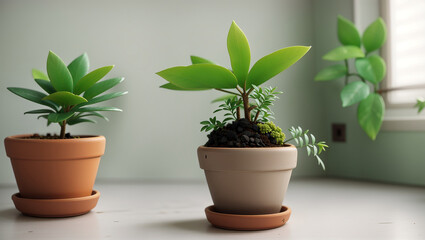 Two small potted plants. One is a light brown pot with a dark green plant. The other is a terracotta pot with a succulent-like plant.