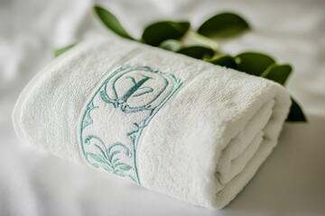Embroidered white towel with leafy design.