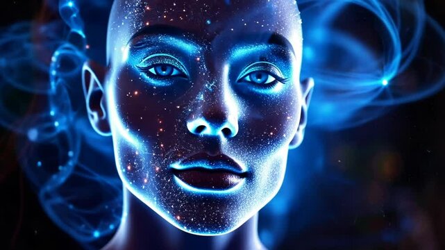 A human figure with a smooth, featureless head radiates cosmic light, surrounded by swirling galaxies and bright stars, creating a captivating otherworldly effect