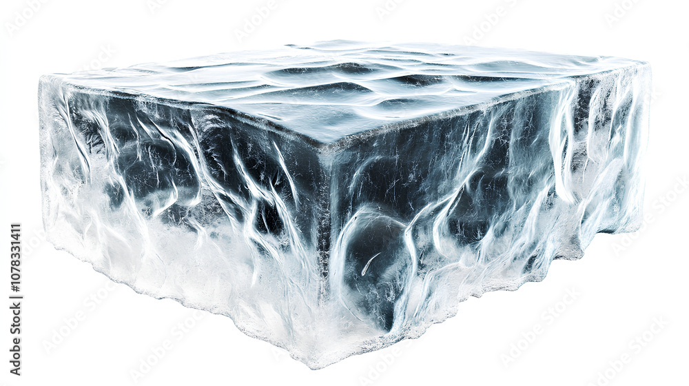 Poster square shaped ice block featuring a cracked surface, showcasing a frosty and cool texture with intri