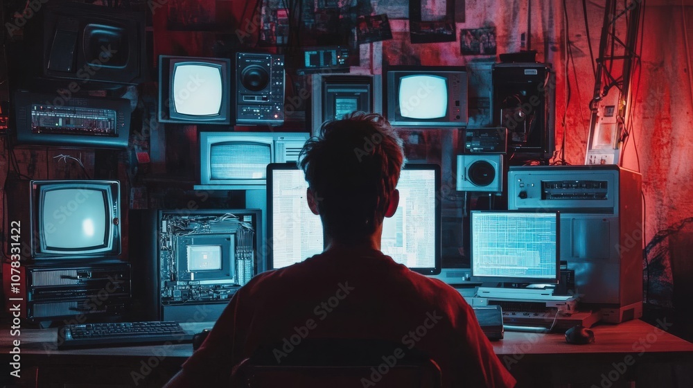 Poster a person engages with multiple computer screens, focusing intently on the data displayed. the room's