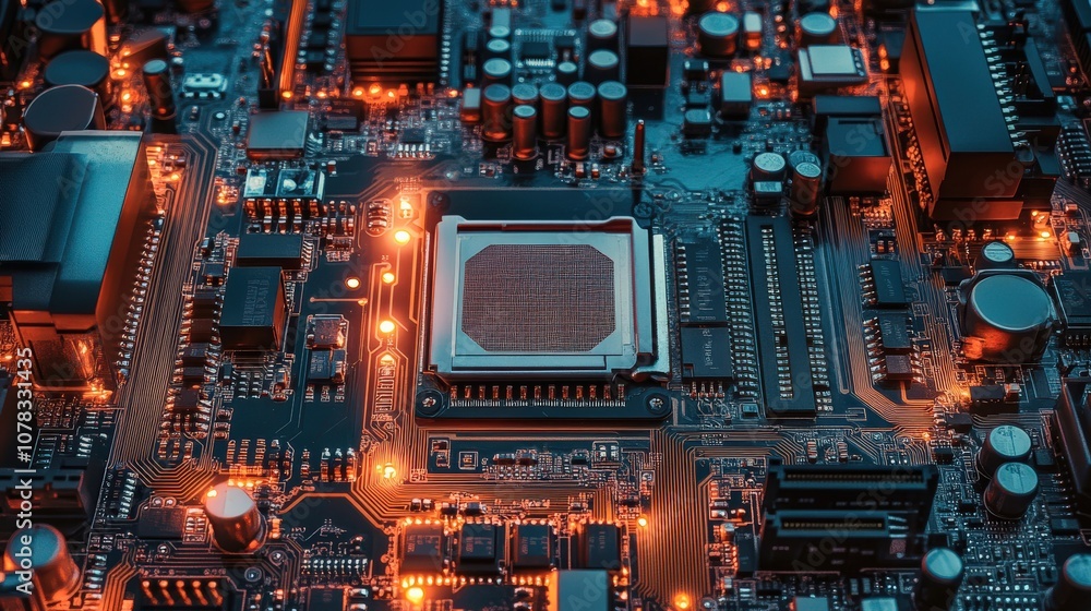Poster this detailed visualization showcases a computer motherboard with a focus on the processor and integ