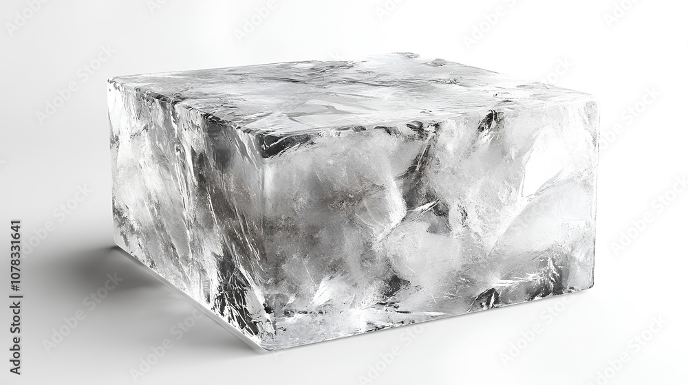 Poster square shaped ice block featuring a cracked surface, showcasing a frosty and cool texture with intri