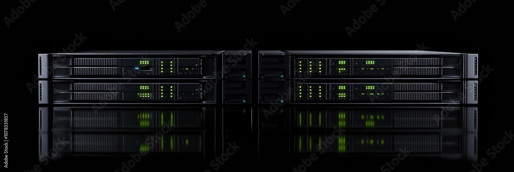 Aufkleber Multiple servers with blinking indicators sit against a dark background, showcasing active data processing in a technology setting. Generative AI