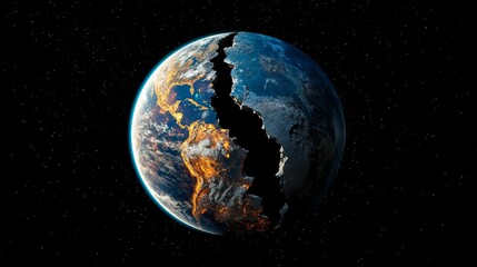 Large crack dividing planet earth, highlighting north and south america, symbolizing environmental destruction and global catastrophe