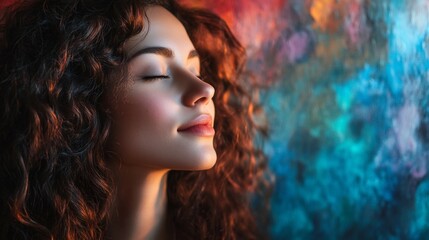 Naklejka premium Beautiful young woman with closed eyes against abstract colourful background.