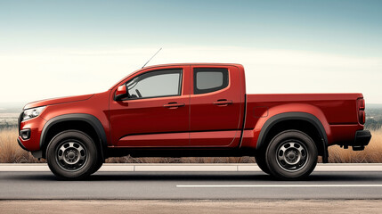 Obraz premium Side view of a red pickup truck parked on a road with a clear sky background.