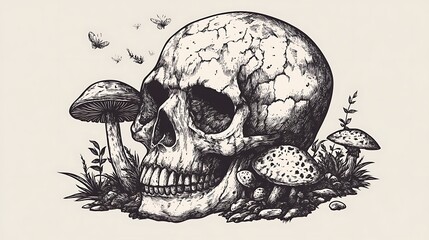 Skull with Mushrooms and Insects Illustration
