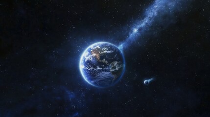 Obraz premium A stunning view reveals Earth in space, highlighting its vibrant colors as it faces an impending collision with a comet, illustrating the wonder of cosmic interactions