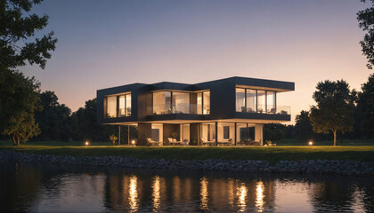 Obraz premium A modern house with large windows sits on the edge of a lake at dusk