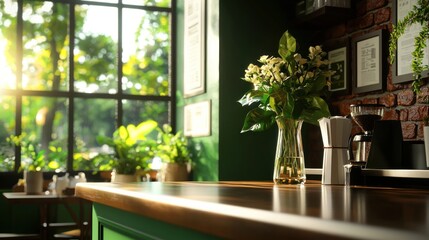 Fototapeta premium A cozy cafe interior with sunlight streaming through green plants and flowers.