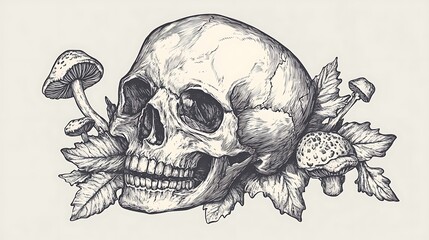 Skull with Mushrooms and Insects Illustration