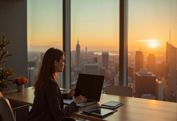 Businesswoman working on laptop in office at sunset over new york city skyline