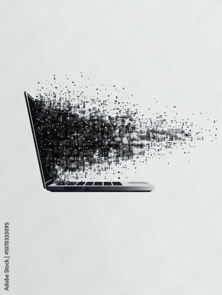 Poster a laptop displays a dynamic effect where pixels are dispersing into fragments, creating a modern dig