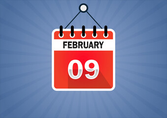 February 09, Calendar hanging sign. 9th days of the month, modern illustration. Date day of week Sunday, Monday, Tuesday, Wednesday, Thursday, Friday, Saturday. Flat style