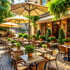 Fototapeta premium An inviting outdoor cafe, with tables set up under umbrellas, buzzes with laughter