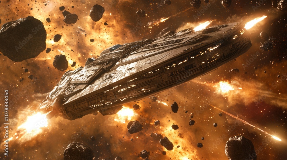 Poster spaceship speeds through an asteroid field in deep space, evading danger and excitement. the epic sc