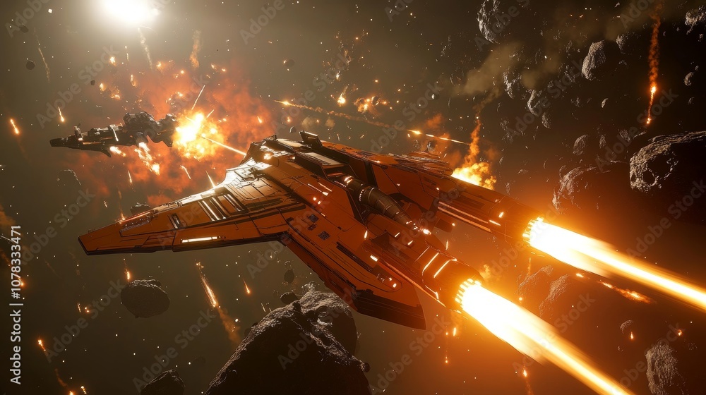 Poster futuristic spaceship firing powerful weapons, destroying another spaceship during an intense space b