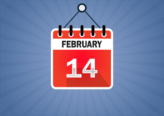 February 14, Calendar hanging sign. 14th days of the month, modern illustration. Date day of week Sunday, Monday, Tuesday, Wednesday, Thursday, Friday, Saturday. Flat style