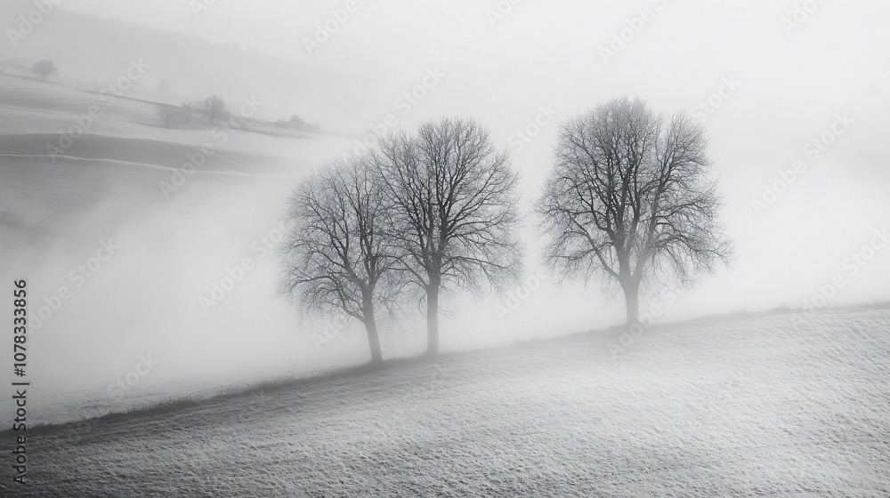 Poster two bare trees stand on a hillside shrouded in fog, creating a mysterious and ethereal atmosphere.