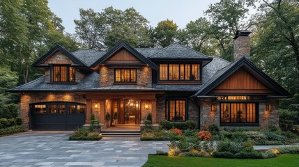 Elegant modern home surrounded by lush greenery at dusk.