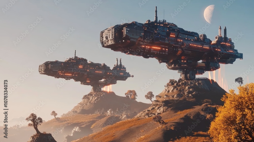 Poster two enormous spaceships are hovering over a rocky, autumnal landscape on an alien planet, with a lar