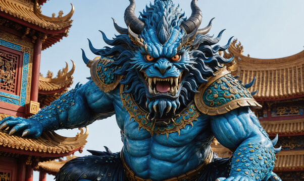 A blue, ferocious-looking statue stands tall outside a Chinese temple, its sharp teeth bared in a menacing expression