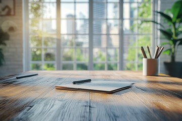 Fototapeta premium A sunny workspace with sketching materials on a wooden table surrounded by greenery