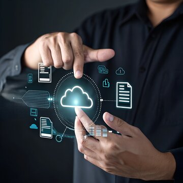 Man hands and finger touch cloud service for information storage hologram hud, files share or transfer. Empty dark background. Concept of big data backup and synchronization