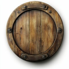 Fototapeta premium Circular wooden shield with metal accents.