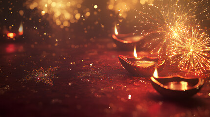 celebration background with a textured maroon surface decorated with shimmering gold motifs, flickering oil lamps, and sparkling fireworks. Oriental festival of lights. Ramadan