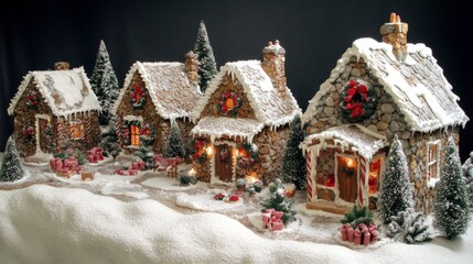 Fototapeta premium A Miniature Gingerbread Village With Snow-Covered Roofs and Christmas Decorations