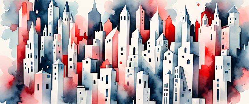 illustrazione sfondo con veduta agglomerato di edifici astratti a tema geometrico surreale