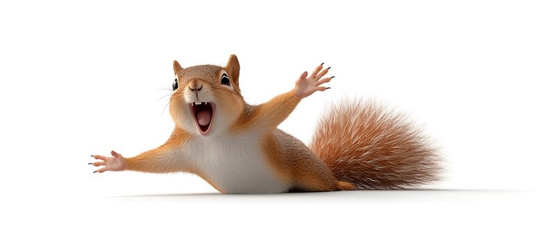 A 3D rendered squirrel with its mouth open wide, lying on its belly and waving its front paws.