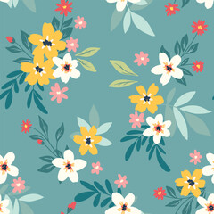 Seamless floral pattern, cute liberty ditsy print, abstract ornament with simple botany. Pretty botanical design: small hand drawn daisy flowers, tiny leaves, bouquets, blue field. Vector illustration
