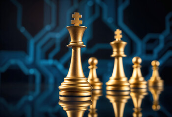 Golden chess pieces arranged in strategic formation on reflective surface with king in focus against abstract blue hexagonal pattern background, dramatic lighting
