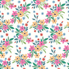 Seamless floral pattern, liberty ditsy print, abstract tile pattern of tiny hand drawn plants. Cute romantic botanical design in country motif: small flowers, leaves, bouquets. Vector illustration.