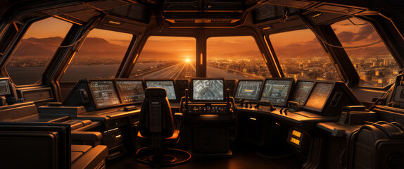 Futuristic wide empty cockpit of a sci-fi spaceship with large windows on orange mountains landscape and big city with lighting like Mars planet