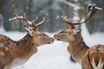 Obraz premium Merry Christmas Deer. Noble Cervid Male and Female in Winter Snow Forest Scene