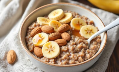 Delicious oatmeal bowl with bananas and nuts