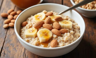 Delicious oatmeal with bananas and almonds