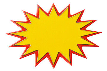 A bright yellow starburst with a red outline, designed in a comic style. Bold and energetic, ideal for emphasizing messages, set against a transparent background