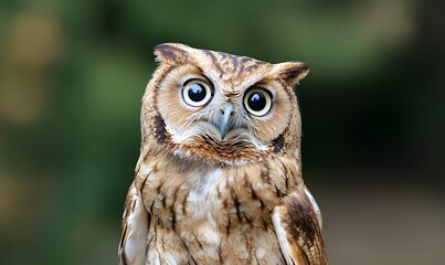 A close-up portrait of a brown and white owl with large, round eyes, looking directly at the camera.