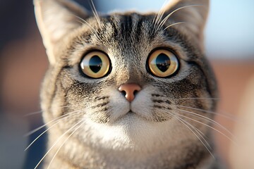 A close-up portrait of a tabby cat with wide, curious eyes.