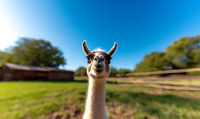Obraz premium A close-up portrait of a llama looking directly at the camera with a curious expression.