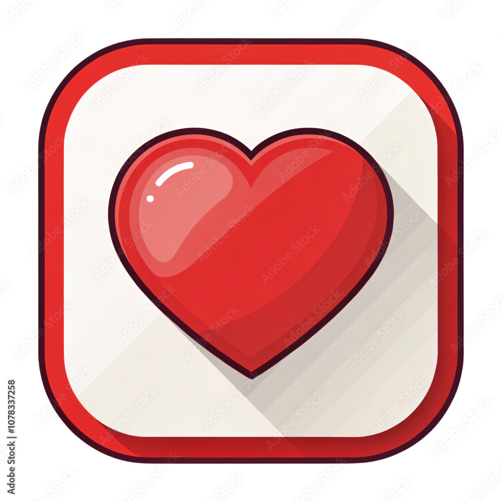 Poster icon of a red heart in a square button with a shadow effect. simple and impactful, conveying warmth,