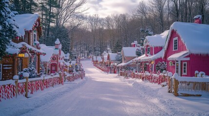 Naklejka premium Snowy Village Street Decorated with Candy Canes and Christmas Lights