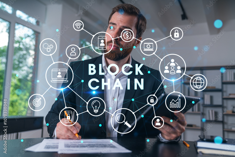 Poster businessman analyzing blockchain technology with digital network icons overlay.